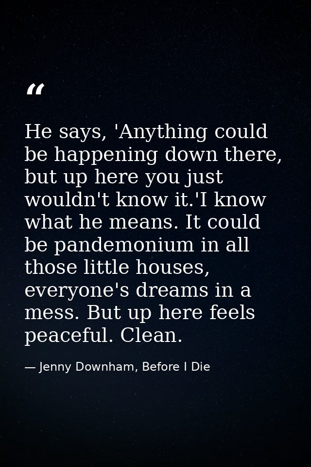 He says, 'Anything could be happening down there, but up here you just wouldn't know it.'I know what he means. It could  — Jenny Downham, Before I Die