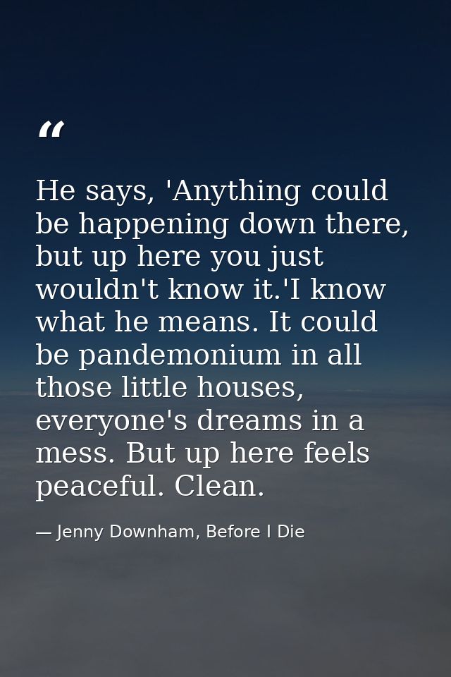 He says, 'Anything could be happening down there, but up here you just wouldn't know it.'I know what he means. It could  — Jenny Downham, Before I Die