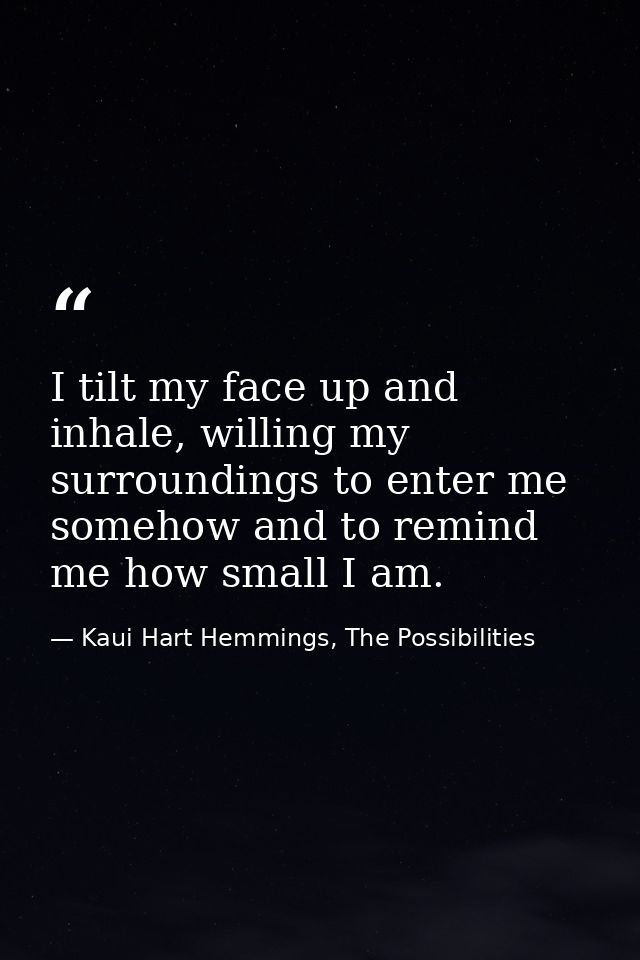 I tilt my face up and inhale, willing my surroundings to enter me somehow and to remind me how small I am. — Kaui Hart Hemmings, The Possibilities