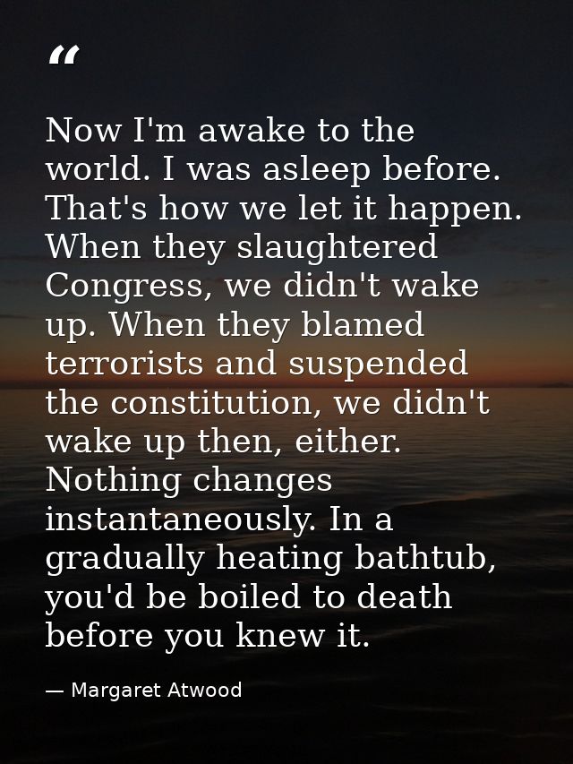 ​Now I'm awake to the world. I was asleep before. That's how we let it happen. When they slaughtered Congress, we didn't — Margaret Atwood