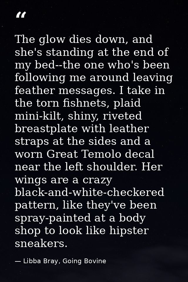 The glow dies down, and she's standing at the end of my bed--the one who's been following me around leaving feather mess — Libba Bray, Going Bovine