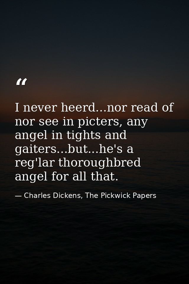 I never heerd...nor read of nor see in picters, any angel in tights and gaiters...but...he's a reg'lar thoroughbred ange — Charles Dickens, The Pickwick Papers