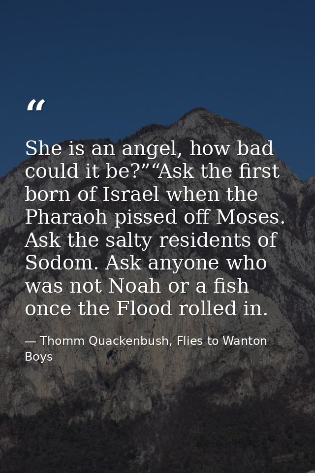 She is an angel, how bad could it be?”“Ask the first born of Israel when the Pharaoh pissed off Moses. Ask the salty res — Thomm Quackenbush, Flies to Wanton Boys
