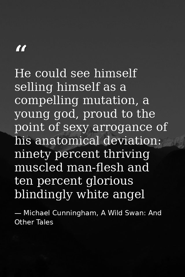 He could see himself selling himself as a compelling mutation, a young god, proud to the point of sexy arrogance of his  — Michael Cunningham, A Wild Swan: And Other Tales