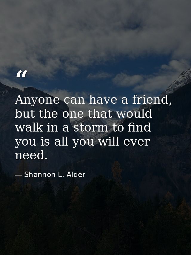 Anyone can have a friend, but the one that would walk in a storm to find you is all you will ever need. — Shannon L. Alder