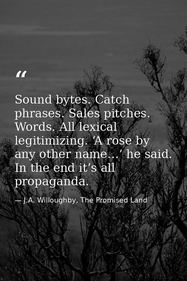 Sound bytes. Catch phrases. Sales pitches. Words. All lexical legitimizing. ‘A rose by any other name…’ he said. In the  — J.A. Willoughby, The Promised Land