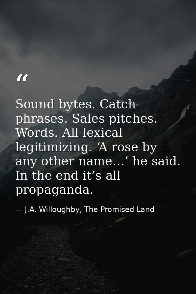 Sound bytes. Catch phrases. Sales pitches. Words. All lexical legitimizing. ‘A rose by any other name…’ he said. In the  — J.A. Willoughby, The Promised Land