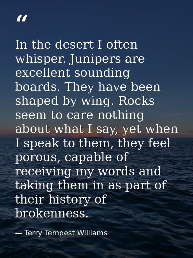 In the desert I often whisper. Junipers are excellent sounding boards. They have been shaped by wing. Rocks seem to care — Terry Tempest Williams