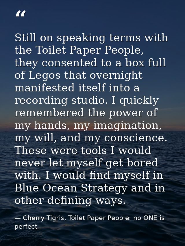 Still on speaking terms with the Toilet Paper People, they consented to a box full of Legos that overnight manifested it — Cherry Tigris, Toilet Paper People: no ONE is perfect