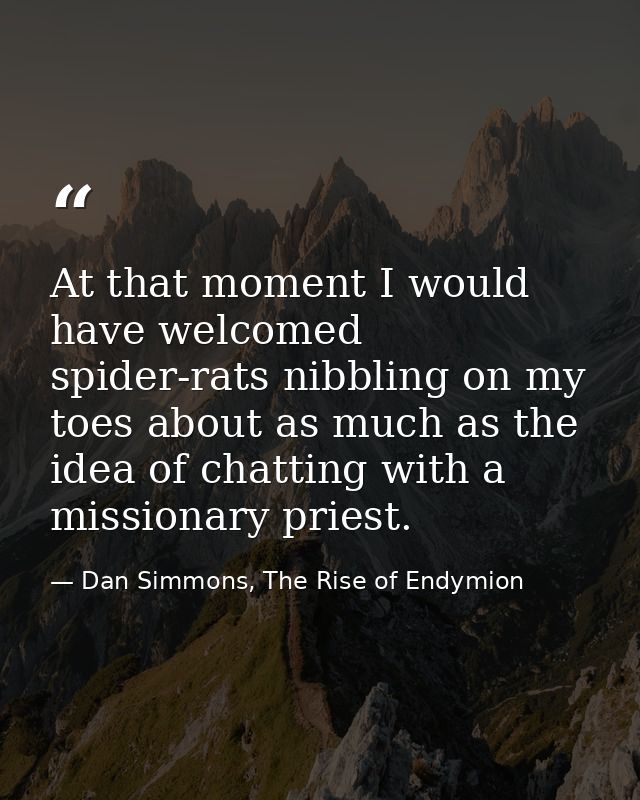 At that moment I would have welcomed spider-rats nibbling on my toes about as much as the idea of chatting with a missio — Dan Simmons, The Rise of Endymion