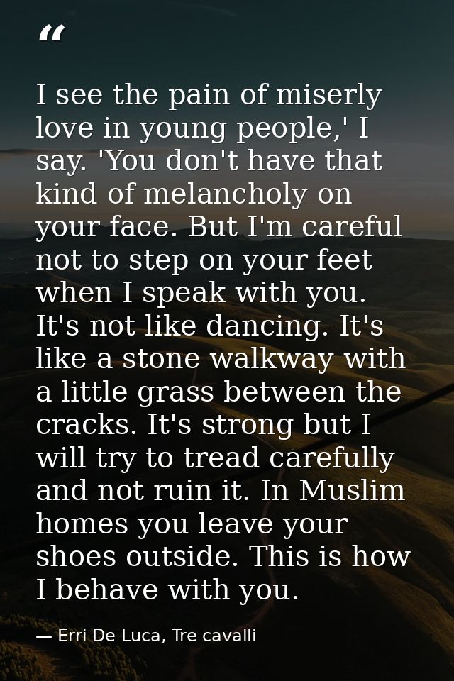 I see the pain of miserly love in young people,' I say. 'You don't have that kind of melancholy on your face. But I'm ca — Erri De Luca, Tre cavalli
