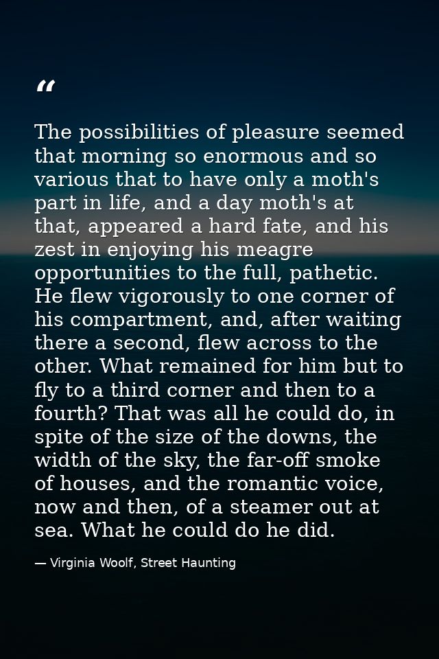The possibilities of pleasure seemed that morning so enormous and so various that to have only a moth's part in life, an — Virginia Woolf, Street Haunting