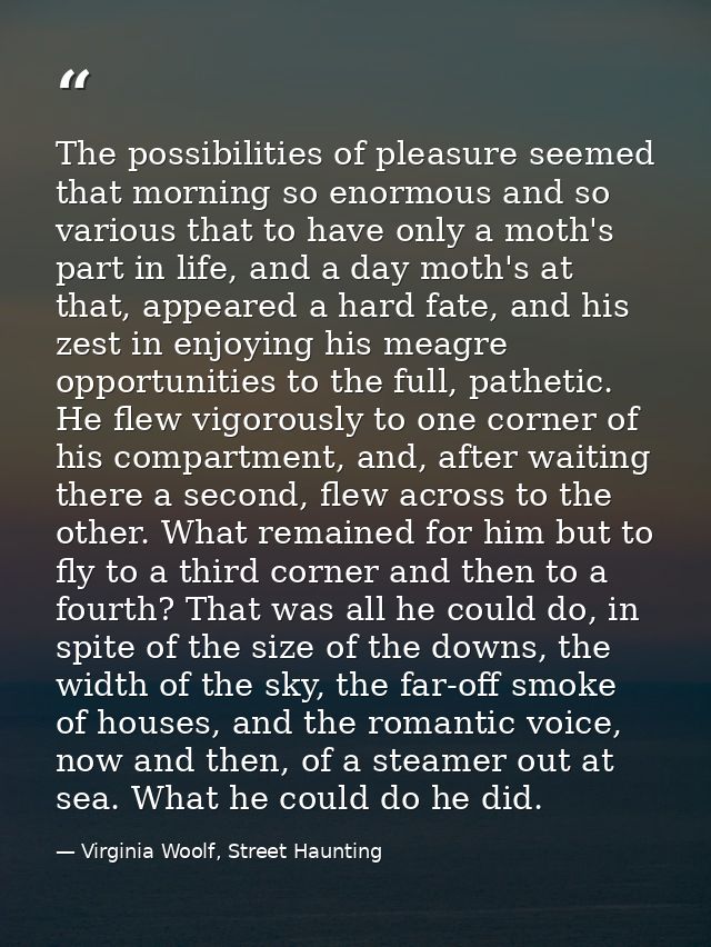 The possibilities of pleasure seemed that morning so enormous and so various that to have only a moth's part in life, an — Virginia Woolf, Street Haunting