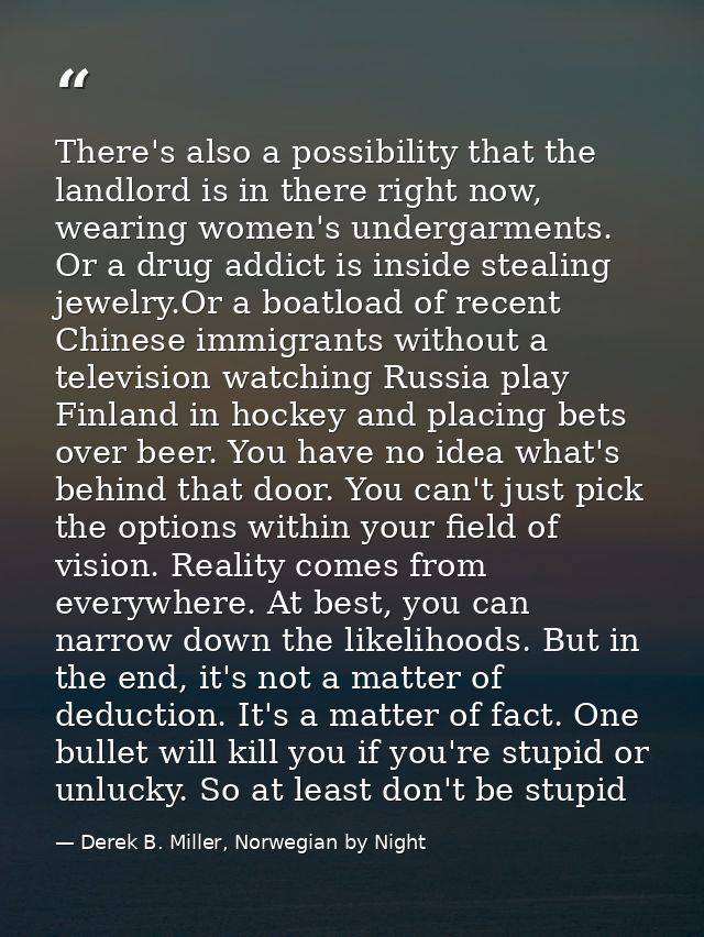 There's also a possibility that the landlord is in there right now, wearing women's undergarments. Or a drug addict is i — Derek B. Miller, Norwegian by Night
