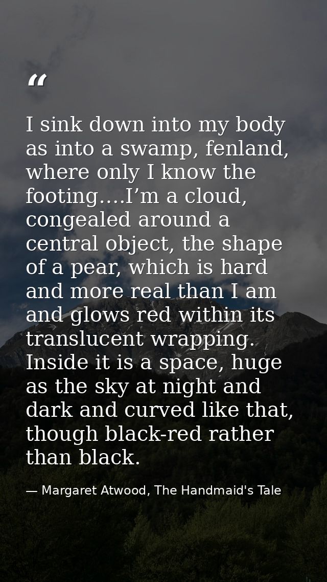 I sink down into my body as into a swamp, fenland, where only I know the footing….I’m a cloud, congealed around a centra — Margaret Atwood, The Handmaid's Tale