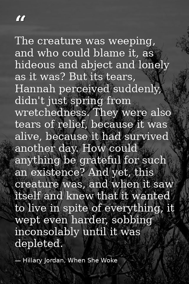 The creature was weeping, and who could blame it, as hideous and abject and lonely as it was? But its tears, Hannah perc — Hillary Jordan, When She Woke