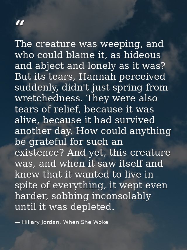 The creature was weeping, and who could blame it, as hideous and abject and lonely as it was? But its tears, Hannah perc — Hillary Jordan, When She Woke