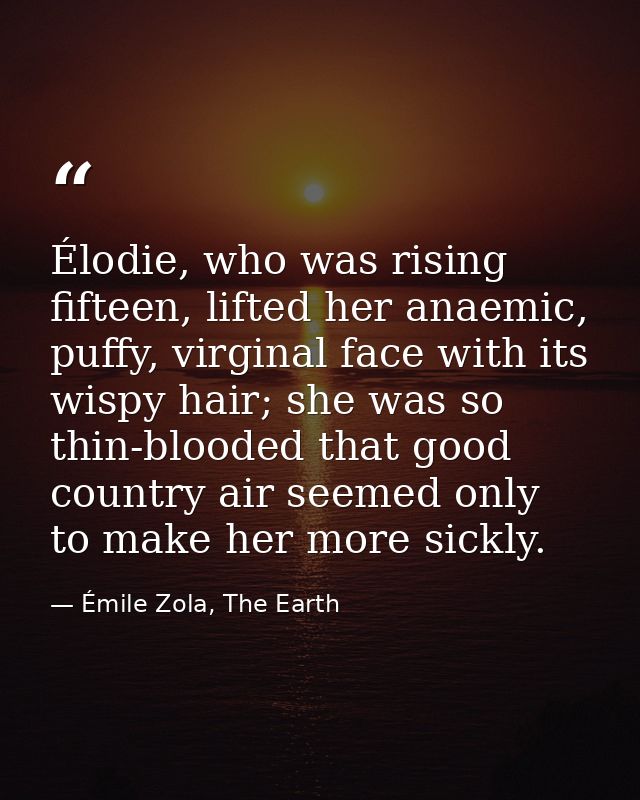 Élodie, who was rising fifteen, lifted her anaemic, puffy, virginal face with its wispy hair; she was so thin-blooded th — Émile Zola, The Earth