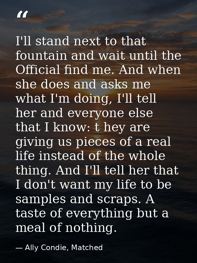 I'll stand next to that fountain and wait until the Official find me. And when she does and asks me what I'm doing, I'll — Ally Condie, Matched