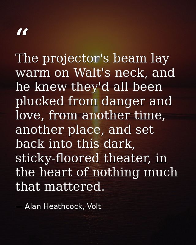 The projector's beam lay warm on Walt's neck, and he knew they'd all been plucked from danger and love, from another tim — Alan Heathcock, Volt