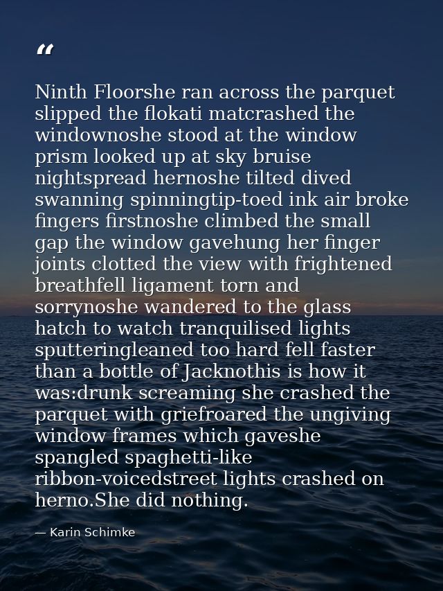 Ninth Floorshe ran across the parquet slipped the flokati matcrashed the windownoshe stood at the window prism looked up — Karin Schimke