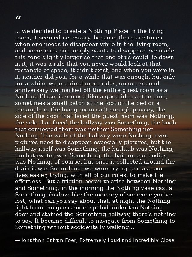 ... we decided to create a Nothing Place in the living room, it seemed necessary, because there are times when one needs — Jonathan Safran Foer, Extremely Loud and Incredibly Close