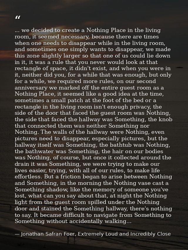 ... we decided to create a Nothing Place in the living room, it seemed necessary, because there are times when one needs — Jonathan Safran Foer, Extremely Loud and Incredibly Close