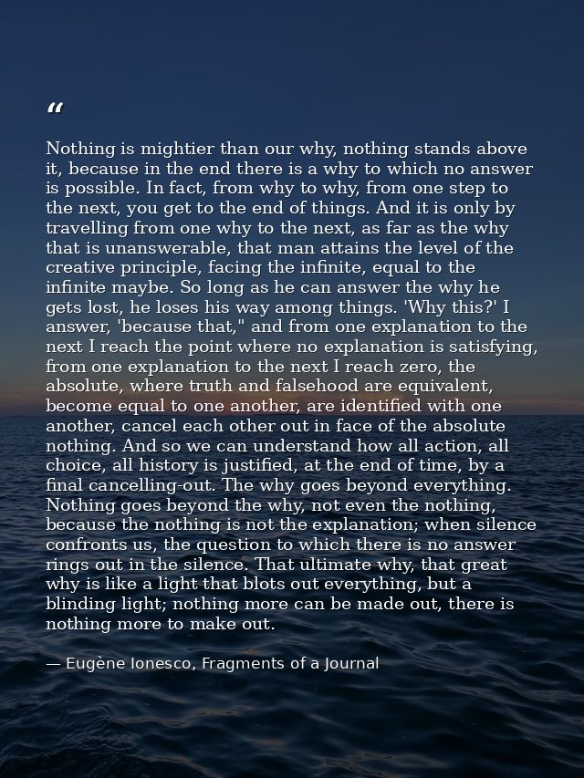 Nothing is mightier than our why, nothing stands above it, because in the end there is a why to which no answer is possi — Eugène Ionesco, Fragments of a Journal
