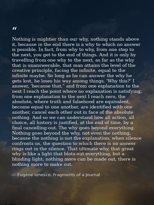 Nothing is mightier than our why, nothing stands above it, because in the end there is a why to which no answer is possi — Eugène Ionesco, Fragments of a Journal
