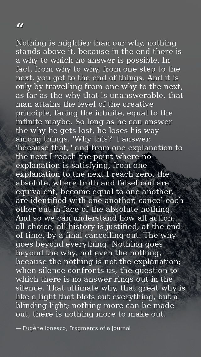 Nothing is mightier than our why, nothing stands above it, because in the end there is a why to which no answer is possi — Eugène Ionesco, Fragments of a Journal