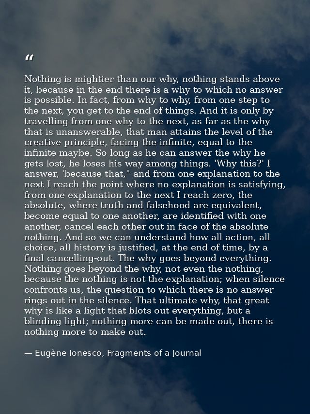 Nothing is mightier than our why, nothing stands above it, because in the end there is a why to which no answer is possi — Eugène Ionesco, Fragments of a Journal