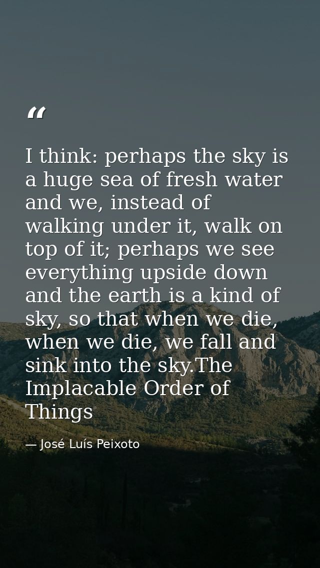 I think: perhaps the sky is a huge sea of fresh water and we, instead of walking under it, walk on top of it; perhaps we — José Luís Peixoto