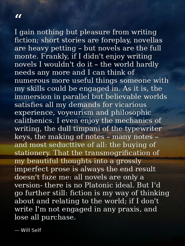 I gain nothing but pleasure from writing fiction; short stories are foreplay, novellas are heavy petting – but novels ar — Will Self