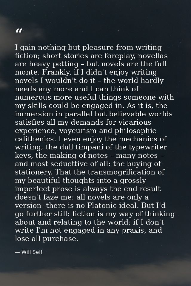 I gain nothing but pleasure from writing fiction; short stories are foreplay, novellas are heavy petting – but novels ar — Will Self