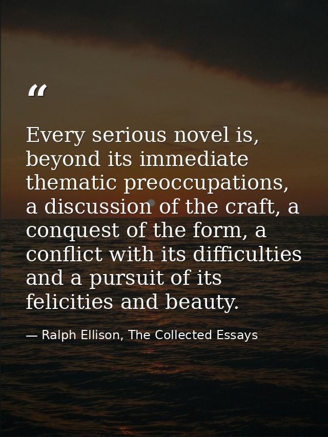 Every serious novel is, beyond its immediate thematic preoccupations, a discussion of the craft, a conquest of the form, — Ralph Ellison, The Collected Essays