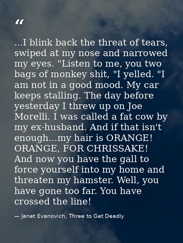 ...I blink back the threat of tears, swiped at my nose and narrowed my eyes. "Listen to me, you two bags of monkey shit, — Janet Evanovich, Three to Get Deadly