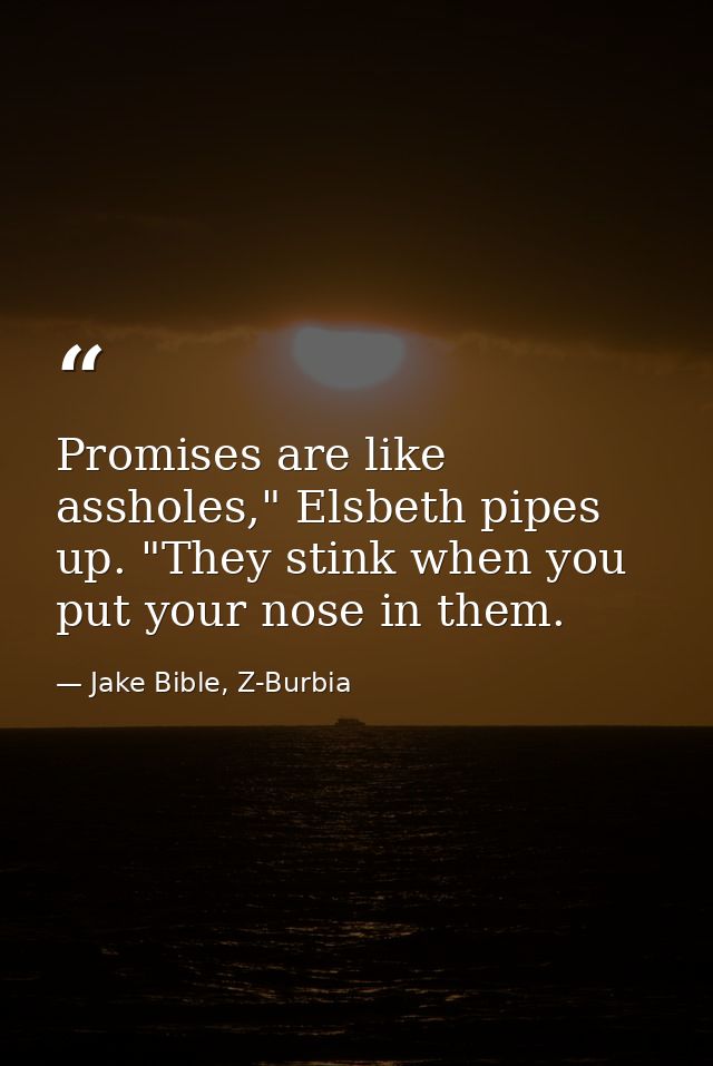 Promises are like assholes," Elsbeth pipes up. "They stink when you put your nose in them. — Jake Bible, Z-Burbia