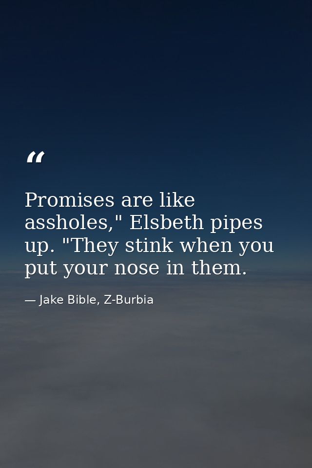 Promises are like assholes," Elsbeth pipes up. "They stink when you put your nose in them. — Jake Bible, Z-Burbia