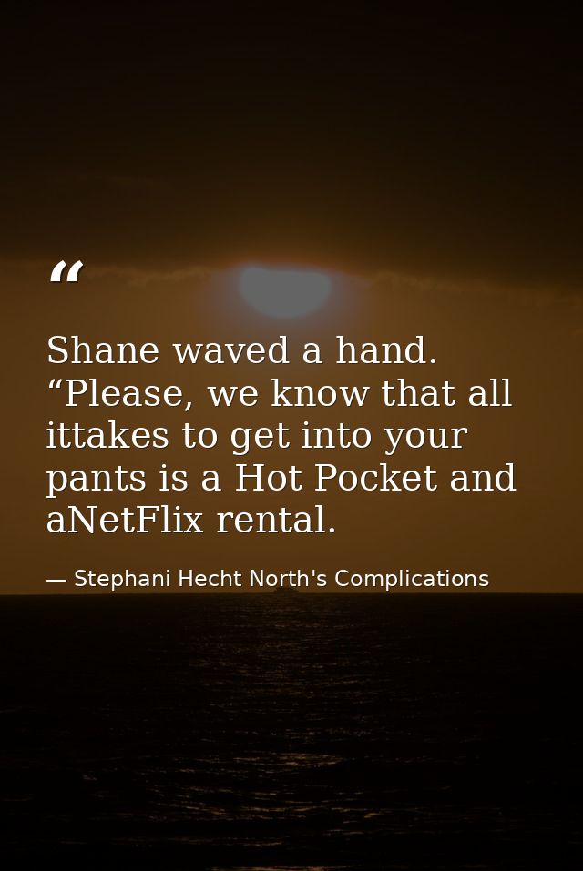 Shane waved a hand. “Please, we know that all ittakes to get into your pants is a Hot Pocket and aNetFlix rental. — Stephani Hecht North's Complications