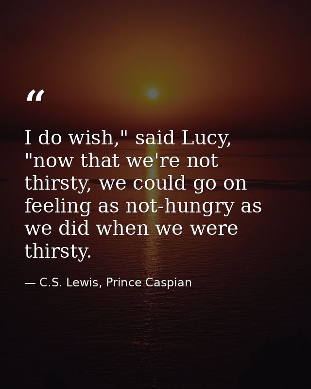 I do wish," said Lucy, "now that we're not thirsty, we could go on feeling as not-hungry as we did when we were thirsty. — C.S. Lewis, Prince Caspian
