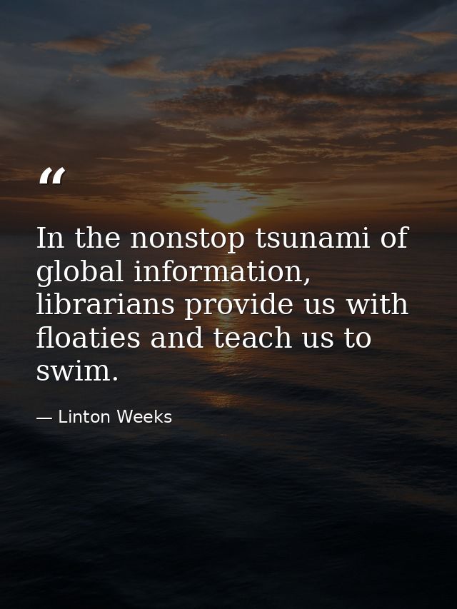 In the nonstop tsunami of global information, librarians provide us with floaties and teach us to swim. — Linton Weeks