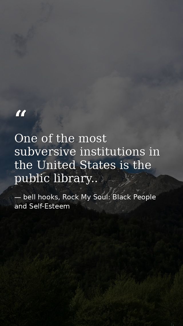 One of the most subversive institutions in the United States is the public library.. — bell hooks, Rock My Soul: Black People and Self-Esteem
