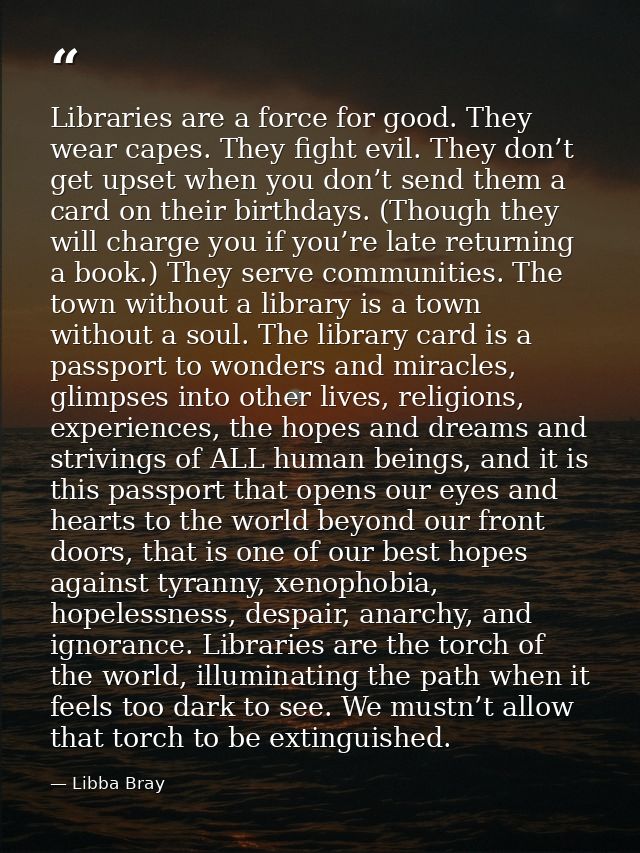 Libraries are a force for good. They wear capes. They fight evil. They don’t get upset when you don’t send them a card o — Libba Bray