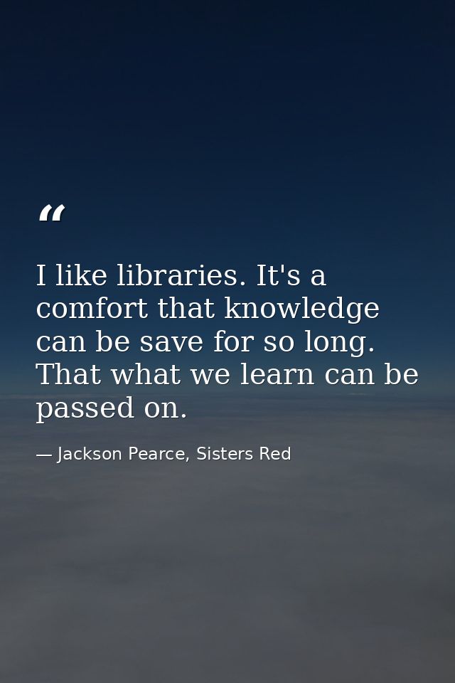 I like libraries. It's a comfort that knowledge can be save for so long. That what we learn can be passed on. — Jackson Pearce, Sisters Red