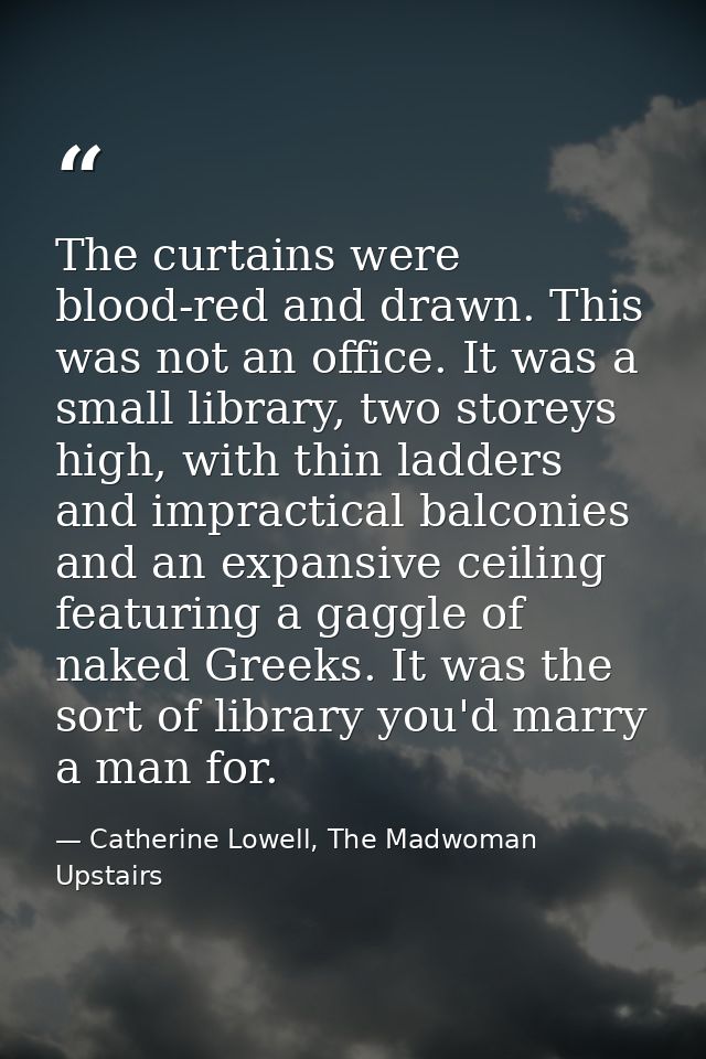 The curtains were blood-red and drawn. This was not an office. It was a small library, two storeys high, with thin ladde — Catherine Lowell, The Madwoman Upstairs