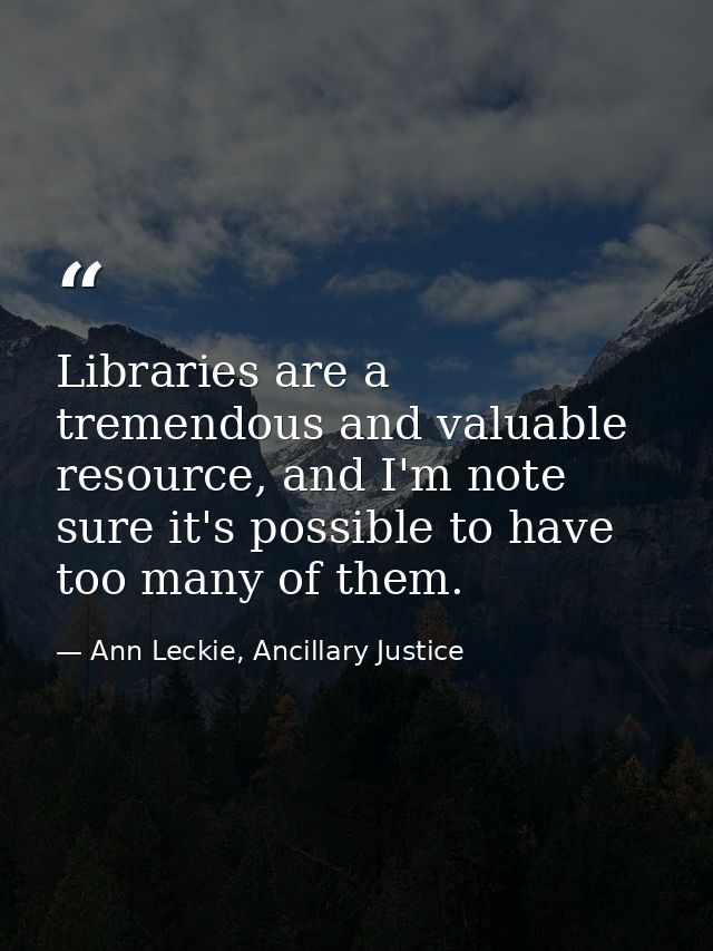 Libraries are a tremendous and valuable resource, and I'm note sure it's possible to have too many of them. — Ann Leckie, Ancillary Justice