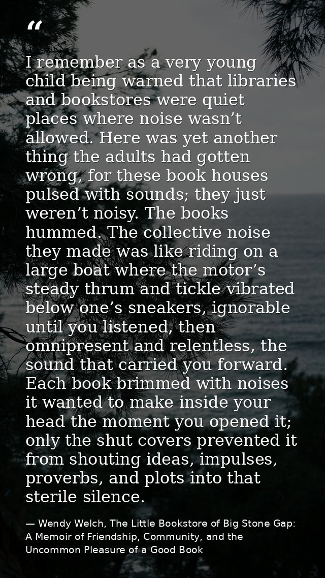 I remember as a very young child being warned that libraries and bookstores were quiet places where noise wasn’t allowed — Wendy Welch, The Little Bookstore of Big Stone Gap: A Memoir of Friendship, Community, and the Uncommon Pleasure of a Good Book