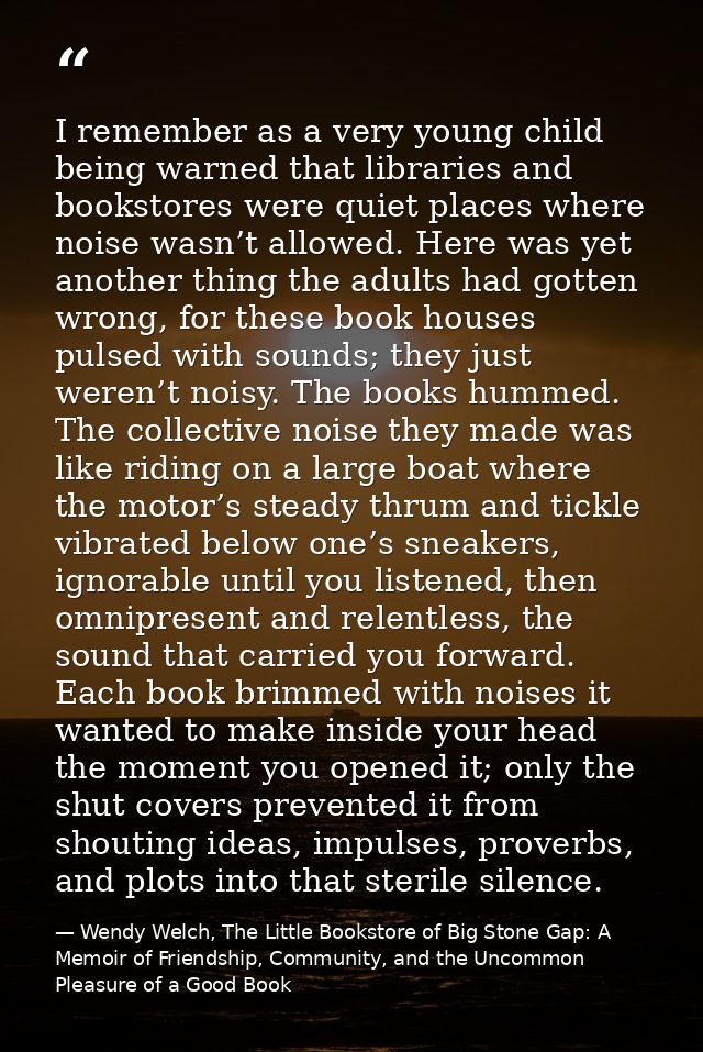 I remember as a very young child being warned that libraries and bookstores were quiet places where noise wasn’t allowed — Wendy Welch, The Little Bookstore of Big Stone Gap: A Memoir of Friendship, Community, and the Uncommon Pleasure of a Good Book