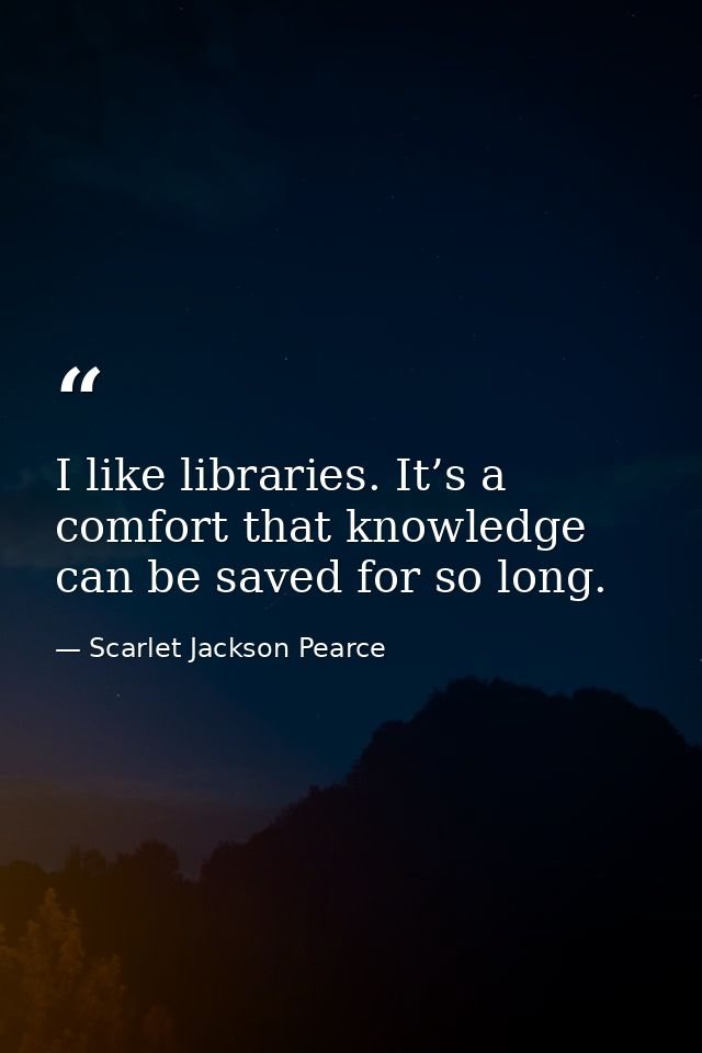 I like libraries. It’s a comfort that knowledge can be saved for so long. — Scarlet Jackson Pearce