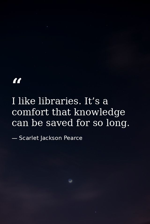 I like libraries. It’s a comfort that knowledge can be saved for so long. — Scarlet Jackson Pearce